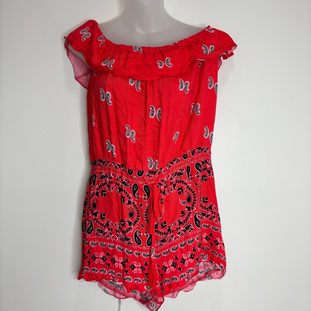 VENUS Y2K Red Romper Ruffle off shoulder paisley print pattern Size small retro